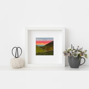 Original Textile Seascape Art: Hand-Painted Hills and Beach