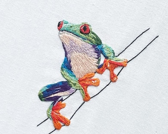 Frog Hand Embroidery Pattern: Step-by-Step Instructions (PDF Pattern) | tree frog downloadable embroidery pattern and instructions