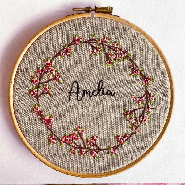 Beginners baby name embroidery kit, personalised, full colour pre-printed pattern.  Choice of thread colours and text, up to you!
