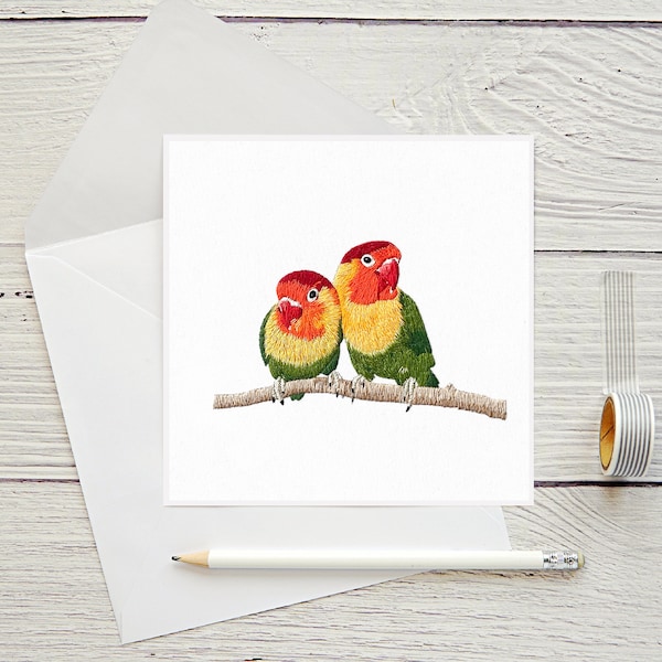 Embroidered Lovebirds printed greetings card | blank cards | embroidery print card | printed embroidery greetings card | embroidered art