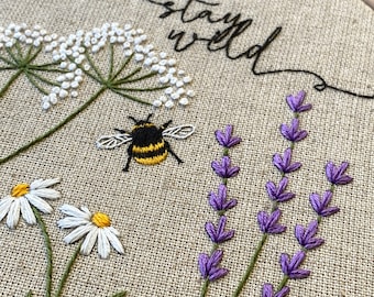 Bee and Flowers Embroidery Pattern: Countryside Garden Design (Digital Download)