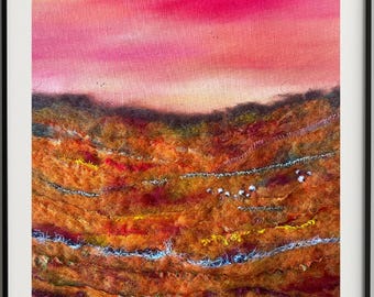 Large mixed media landscape painting.  Sunset fields with sheep.