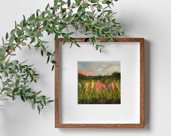 Original mixed media textile art, abstract flowers and landscape with distant birds