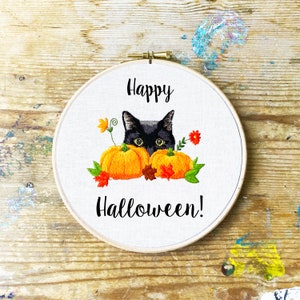 Complete Cat and Pumpkins Autumn/Halloween Embroidery Kit | Halloween Embroidery Kit | Autumn Embroidery Kit | Cat | Black cat | Pumpkins