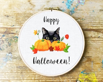 Complete Cat and Pumpkins Autumn/Halloween Embroidery Kit | Halloween Embroidery Kit | Autumn Embroidery Kit | Cat | Black cat | Pumpkins