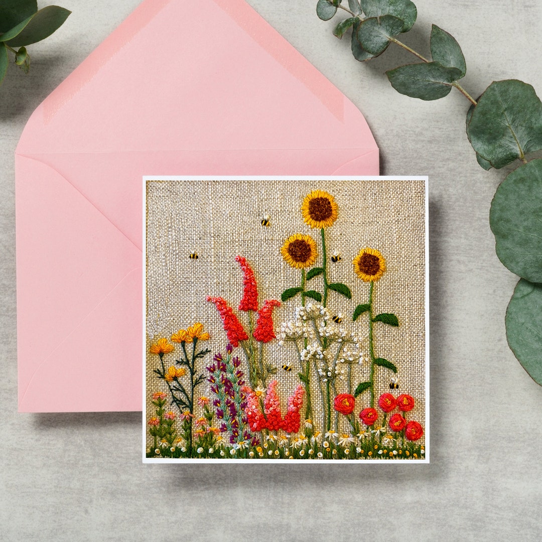 Embroidered Garden Greetings Card Blank Greetings Cards Etsy