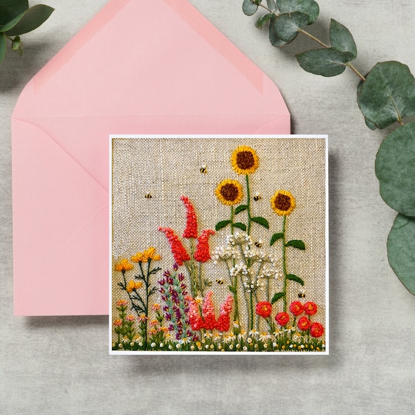 Embroidered Garden greetings card | blank greetings cards | embroidery print card | printed embroidery greetings card | embroidered art