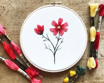 Pink Cosmos Flower Embroidery Kit | Flowers Embroidery Kit | Botanical Embroidery Kit | Cosmos Flower Needlecraft Kit | Floral Embroidery