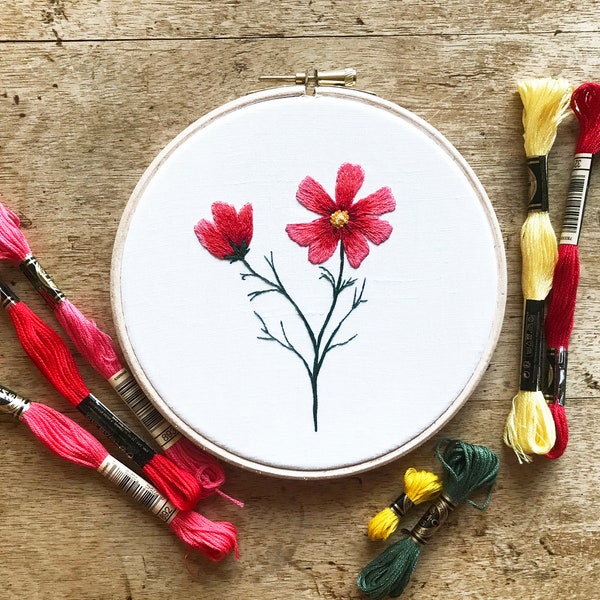 Pink Cosmos Flower Embroidery Kit | Flowers Embroidery Kit | Botanical Embroidery Kit | Cosmos Flower Needlecraft Kit | Floral Embroidery