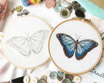 Blue Butterfly Embroidery Pattern fabric pack, fabric and instructions ONLY