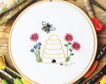 Beehive Embroidery Kit | Flowers Embroidery Kit | Bee Needle Craft Kit |  Beehive Embroidery | Bees and Flowers Embroidery Kit | DIY Hoop