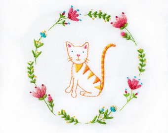 Cat with Flowers Embroidery Kit | Cat Embroidery Kit | Flowers Embroidery Kit | Cat Hoop Art | Summer Craft Project | Cat