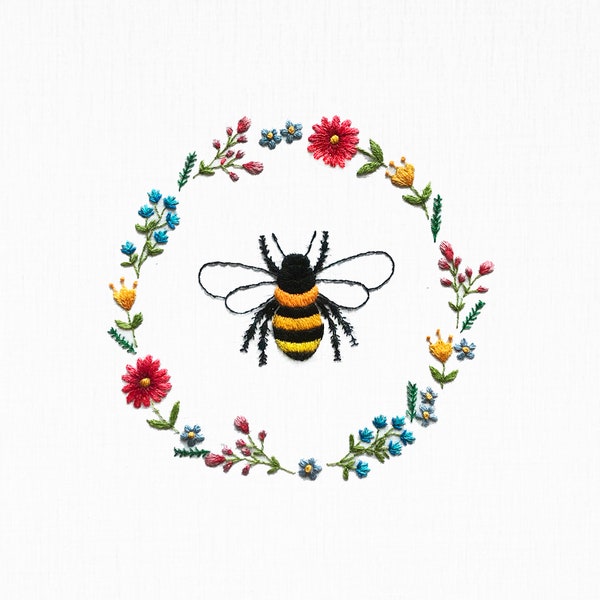 Floral Bee Complete Embroidery Kit | Floral Sewing Kit | Summer Hand Embroidery Project |  DIY Wildflower Hoop Art | Pre Printed Bee Sewing