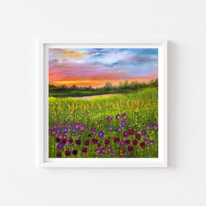 Embroidered Sunset Landscape: Original Textile Artwork (10.5&quot; x 10.5&quot;)