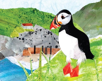 Paper Collage PRINT of an original piece of art, puffin seaside scene | coastal art | puffin picture | paper puffin