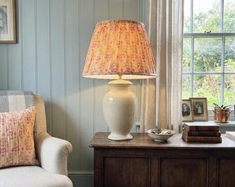 Handmade Gathered Lampshade in Indian Hand Block Printed Fabric | Pink & Yellow Floral | Lined Pleated Shade | Boho Home Decor