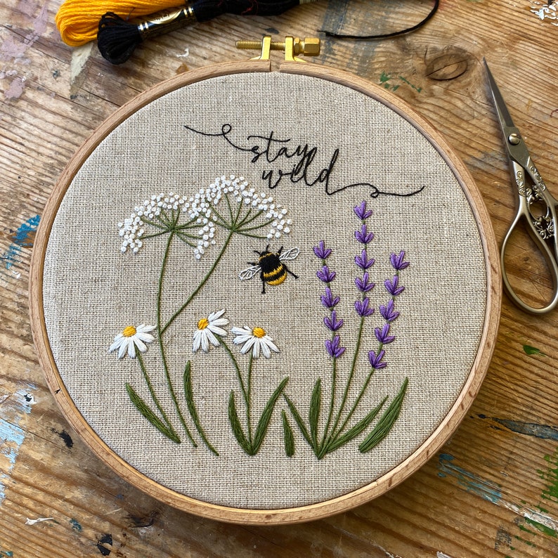 Wild Flowers & Bee Linen Embroidery Kit Floral Embroidery Etsy UK