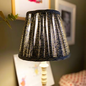 Handmade Gathered Lampshade: Blue Geometric Wave Fabric, French Cottage Style