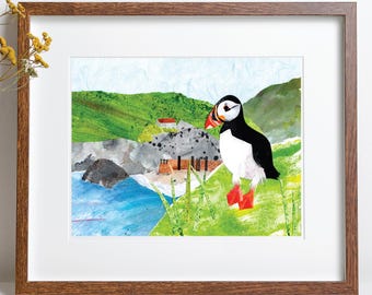 Paper Collage original art, puffin seaside scene | coastal art | puffin picture | paper puffin