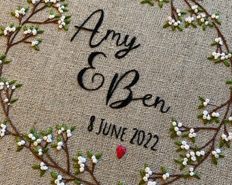 Beginners wedding embroidery kit, personalised, full colour pre-printed pattern.  Choice of thread colours and text, up to you!