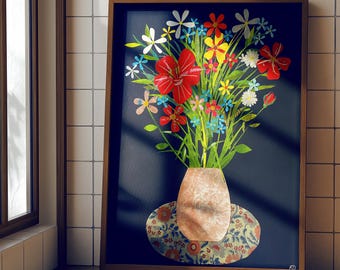 Paper Collage vase of bright flowers original art