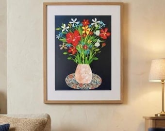 PRINT of Paper Collage vase of bright flowers art