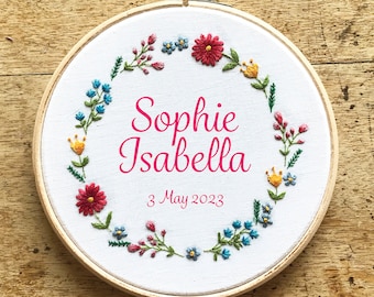 Personalised Floral Border Embroidery Kit | Unique individual names embroidery kit | wedding gift | new baby gift | personalised baby gift