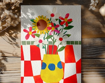 Mixed bunch of flowers paper collage art print greeting card | bright, modern blank card for any occasion