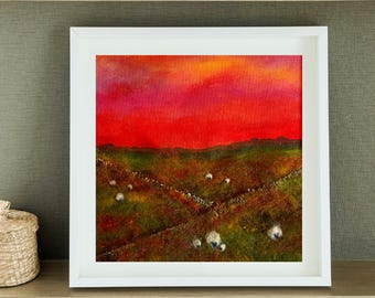 Handmade mixed media original art, sheep grazing in Yorkshire fields beneath a beautiful colourful sunset