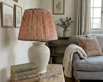 Handmade Gathered Lampshade: Grey and pink small motif Hand Blocked Indian Cotton with matching trims