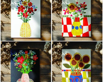 Set of 4 floral greetings cards | bright paper and textile collage design | mixed media art cards