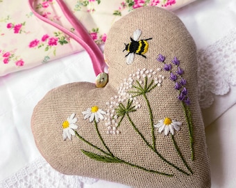 Embroidered Linen Lavender Bee and Flowers Heart Kit | Complete Embroidered Heart Craft Kit | Lavender Heart Kit | Lavender Scented Heart