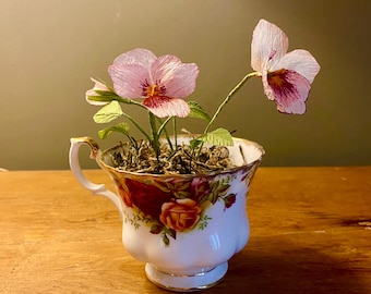 Pink paper pansies in vintage English teacup
