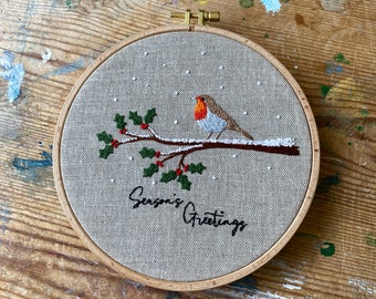 Christmas Robin Embroidery Fabric Pack: Linen Beginner Pattern