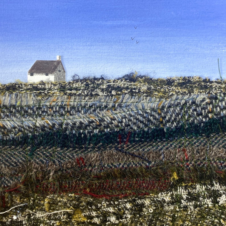 Little White Cottage mixed media picture Landscape art landscape textile picture original art gift seascape art image 2