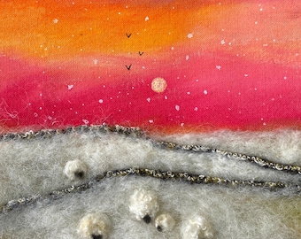Original mixed media textile art, snowy fields with grazing sheep under a morning sunrise sky