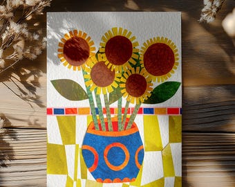 Sunflowers paper collage art print greeting card | bright, modern blank card for any occasion