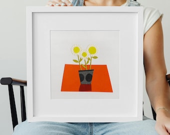 Paper Daisies Collage Print | Pot of Daisies Artwork