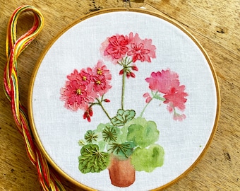 Embroidery Kit for Adults – Hand-Painted Geranium Flower Design