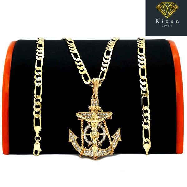AAA+ Brass Jesus Anchor Pendant & 5mm 20 24 14K Stamped Figaro