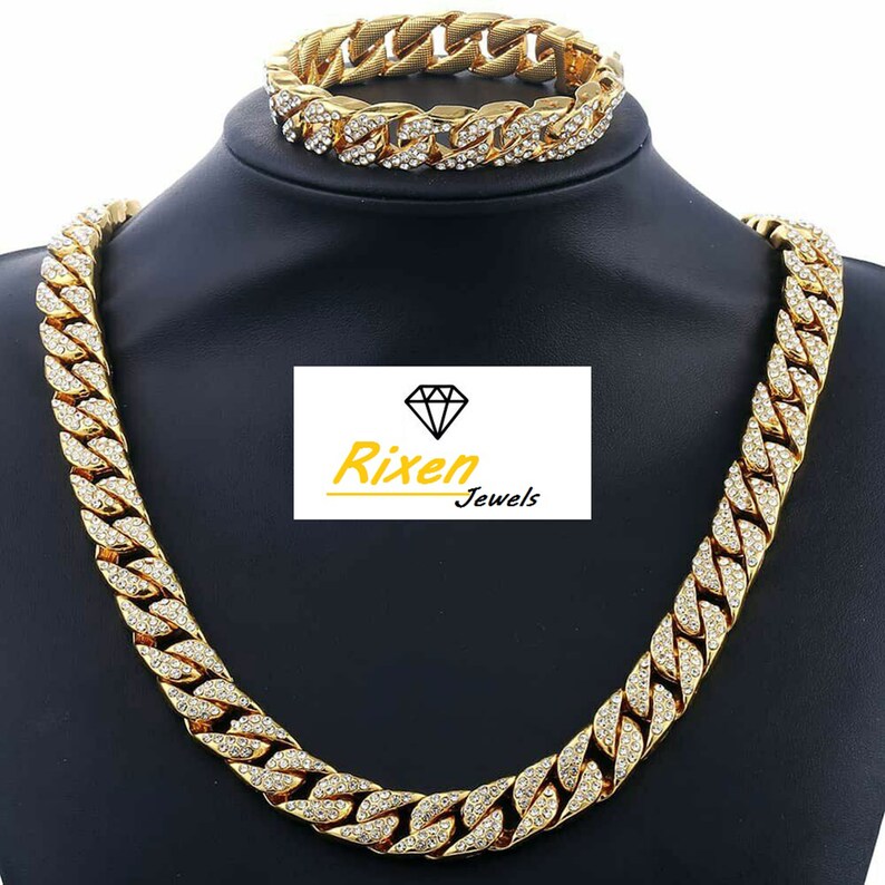 INTRODUCTORY PRICE 14MM Real Gold Filled Necklace Iced Cuban Curb Chain Link ICED Hip Hop Set Bracelet Paved Rhinestones Miami Curb