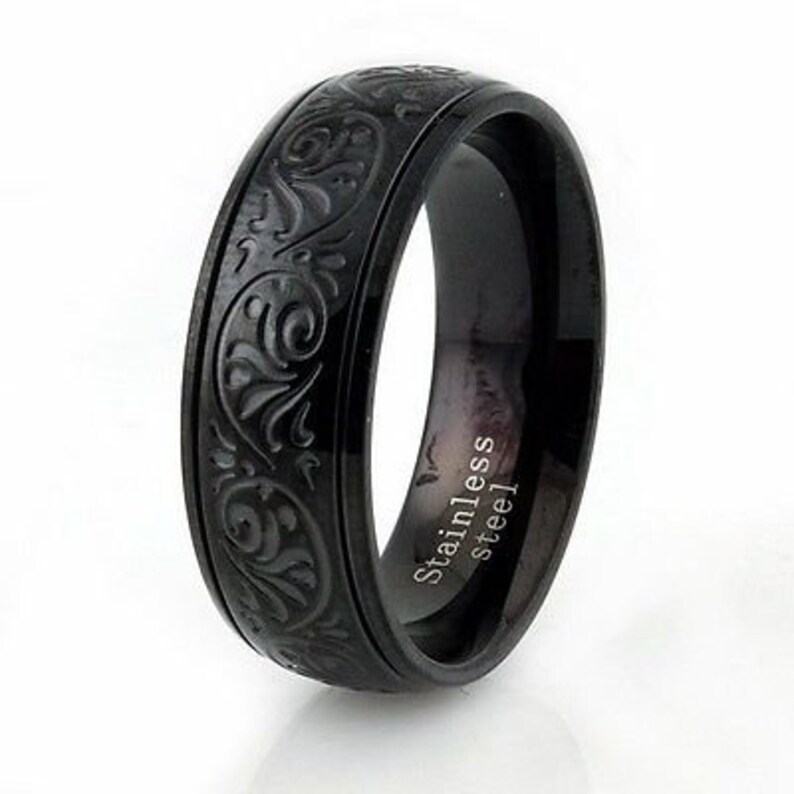 8 MM ENGRAVABLE Stainless Steel Floral Design Black Silver