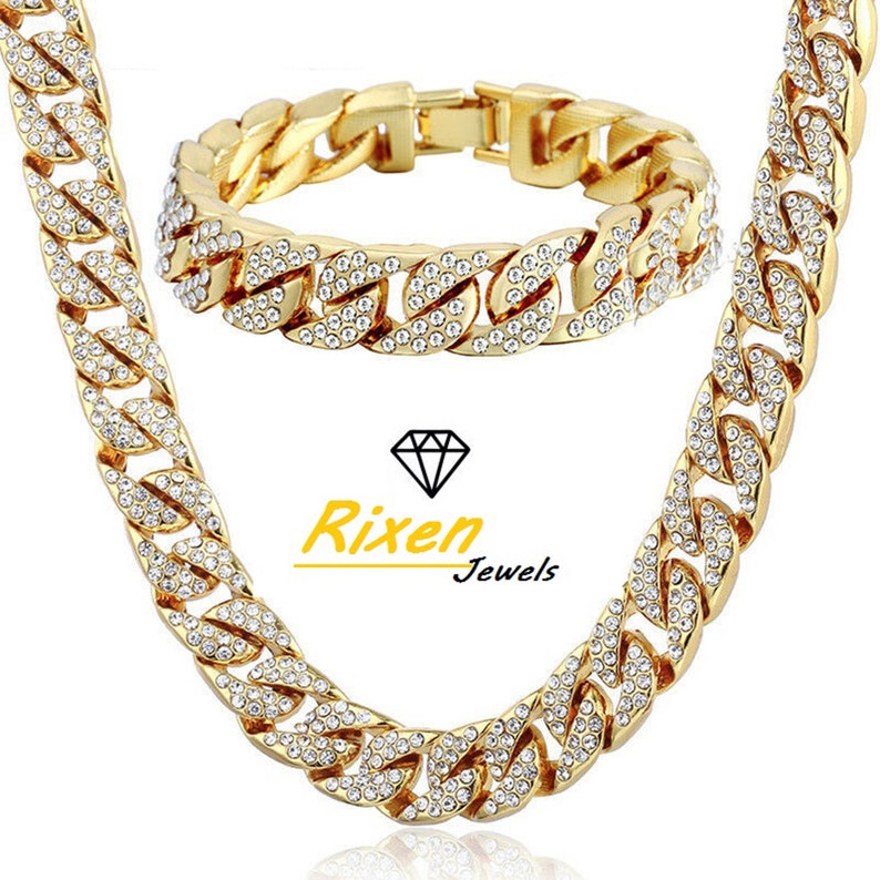 INTRODUCTORY PRICE 14MM Real Gold Filled Necklace Iced Cuban Curb Chain Link ICED Hip Hop Set Bracelet Paved Rhinestones Miami Curb