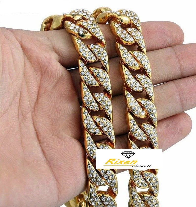 INTRODUCTORY PRICE 14MM Real Gold Filled Necklace Iced Cuban Curb Chain Link ICED Hip Hop Set Bracelet Paved Rhinestones Miami Curb