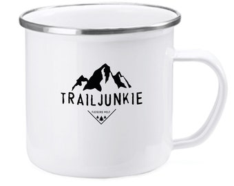 Retro cup, enamelled print: Trail junkie for mountain lovers