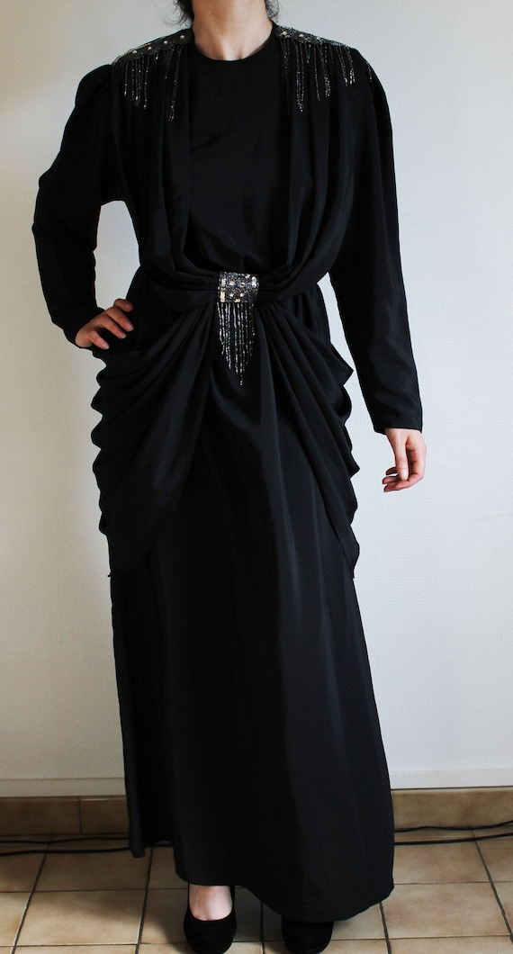 Black Evening Dress - Drapes - Sequins / Black eve