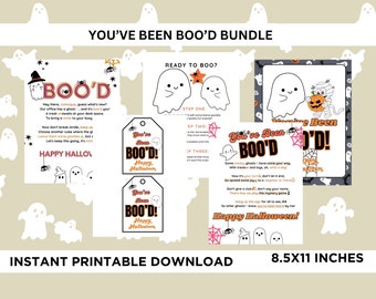 Può includere: Un set stampabile You've Been Boo'd con cartelli ed etichette di Halloween, caratterizzato da illustrazioni di fantasmi, testo arancione e nero e grafiche di ragnatele, adatto per carta di 21,6x27,9 cm.