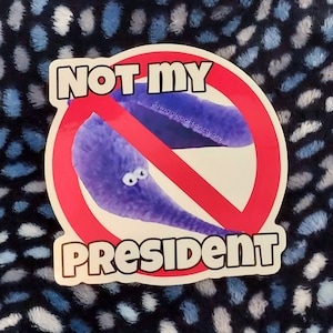 May include: A red and white sticker with a purple worm-like creature and the text "NOT MY PRESIDENT" and "@wiggleboi.sanctuary".