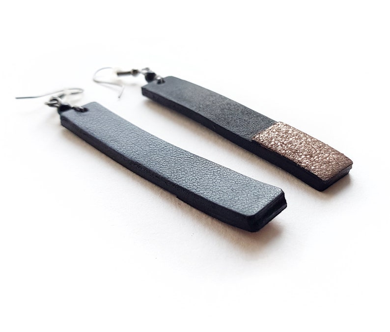 Chunky stick earrings sparkle warm silver rand Black leather earrings Thick lining Genuine leather drop Bar earrings cool gift idea