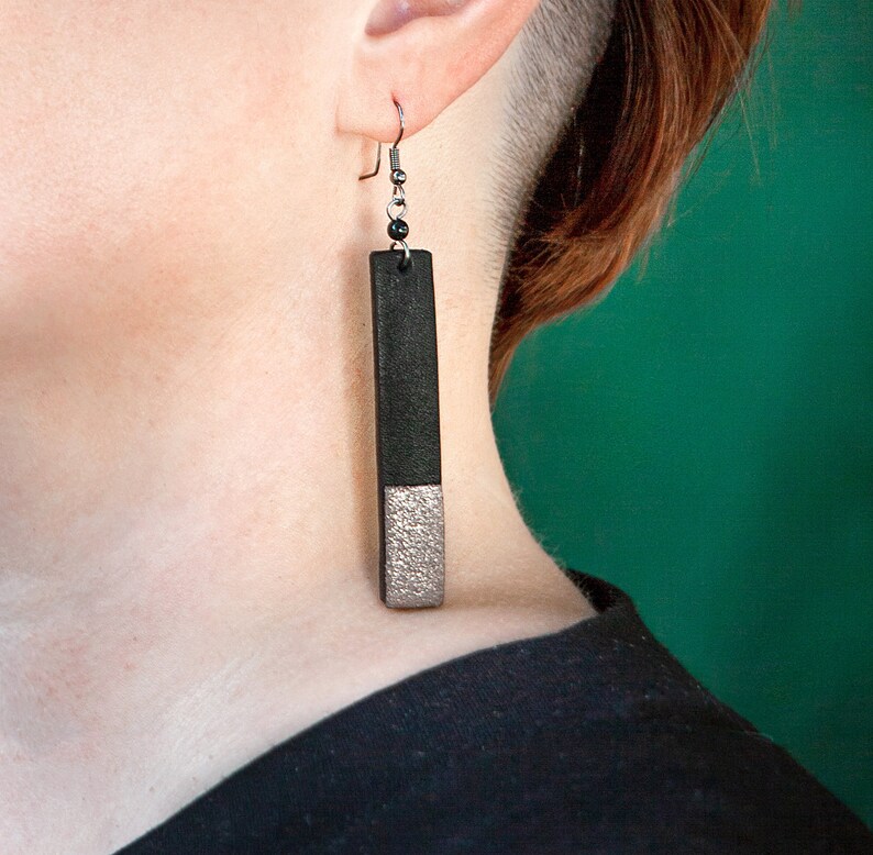 Chunky stick earrings sparkle warm silver rand Black leather earrings Thick lining Genuine leather drop Bar earrings cool gift idea